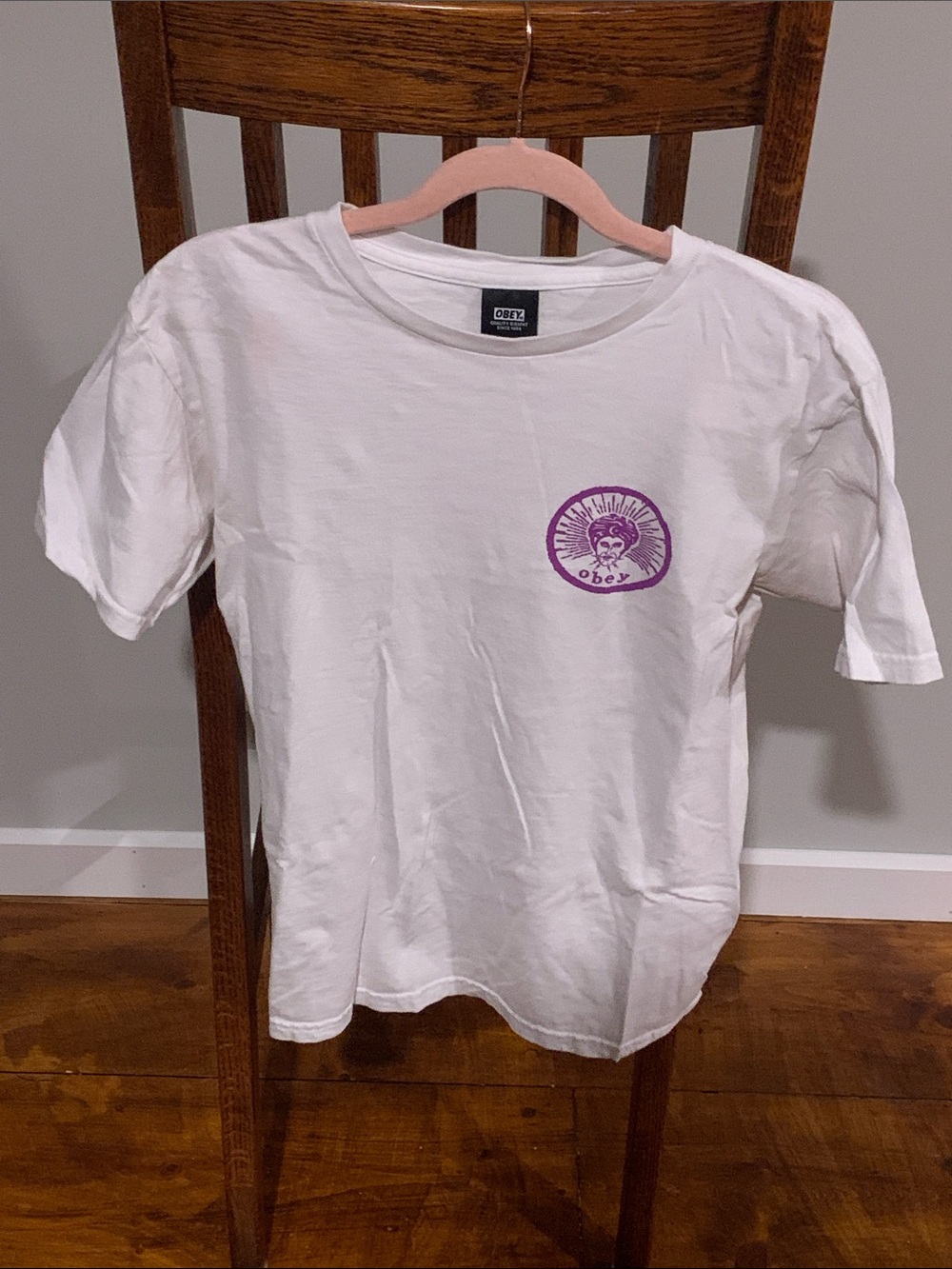 Obey White Tee with Purple Chest Graphic